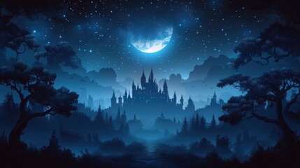Naklejka premium Night Castle Fantasy Landscape, Moonlit Forest, Mystical Scene, Game Background