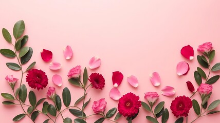 Floral pattern of pink and red flower petals green branches and leaves on pink background flat lay top view copy space valentines or women s day background flowers pattern texture
