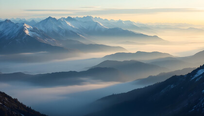 Misty mountains at sunrise with golden light over snow-capped peaks and fading layers.

