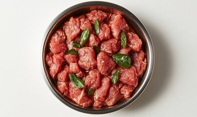 Raw beef cubes, herbs, bowl, white background