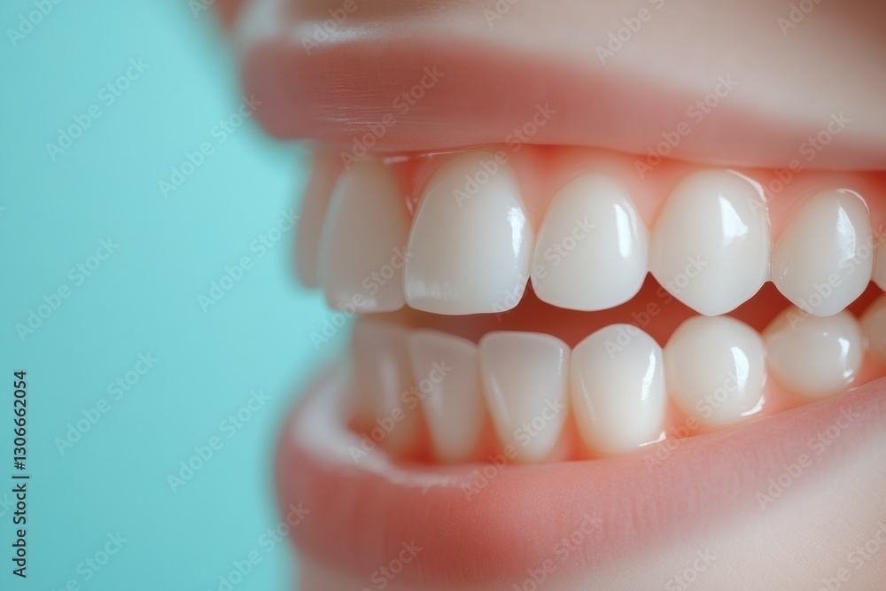 Poster close up of a smiling mouth with bright white teeth against a soft pastel blue background for a dent