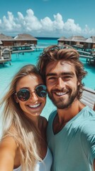 Fototapeta premium Young couple enjoying a tropical vacation in a stunning resort by the turquoise ocean and vibrant sky