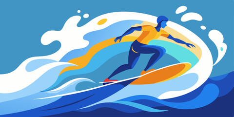 Surfista cabalgando una ola con gran energ&iacute;a y colores vibrantes en un estilo moderno.
