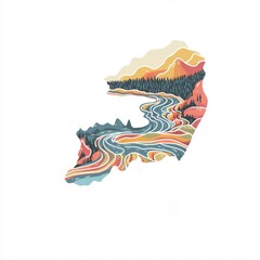 Colorful Catskill Region Map Illustration with Winding River and Mountains