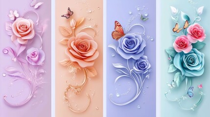 A 3D pastel-colored  sticker-style,rose flower pattern design with butterflies