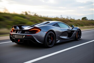 Sleek Gray Sports Car Speeding on a Highway Blurred Background