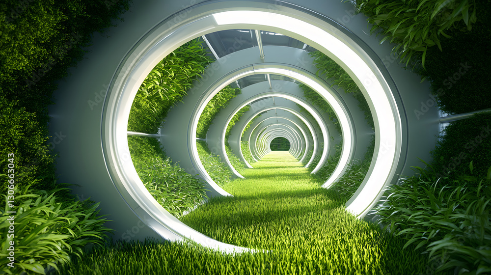 Poster A futuristic pathway illuminated by circular structures, surrounded by lush greenery, creating a serene and vibrant atmosphere