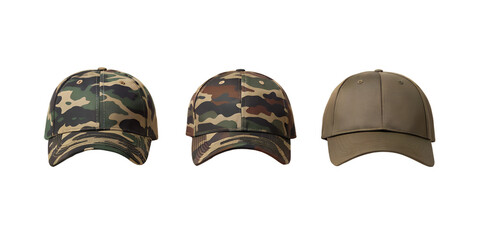Fototapeta premium Three Different Camouflage Baseball Caps on White Background, Camo Hats, Outdoor Baseball Caps, Cut Out