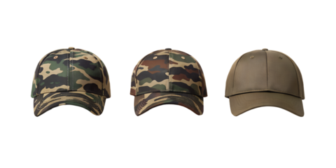 Three Different Camouflage Baseball Caps on White Background, Camo Hats, Outdoor Baseball Caps, Cut Out