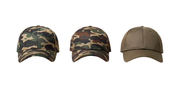 Three Different Camouflage Baseball Caps on White Background, Camo Hats, Outdoor Baseball Caps, Cut Out