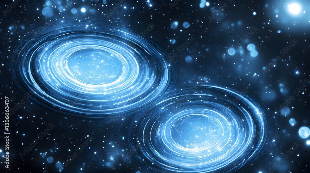 Poster Two bright galactic formations swirl in a cosmic backdrop of stars, creating a mesmerizing display of light and energy in deep space