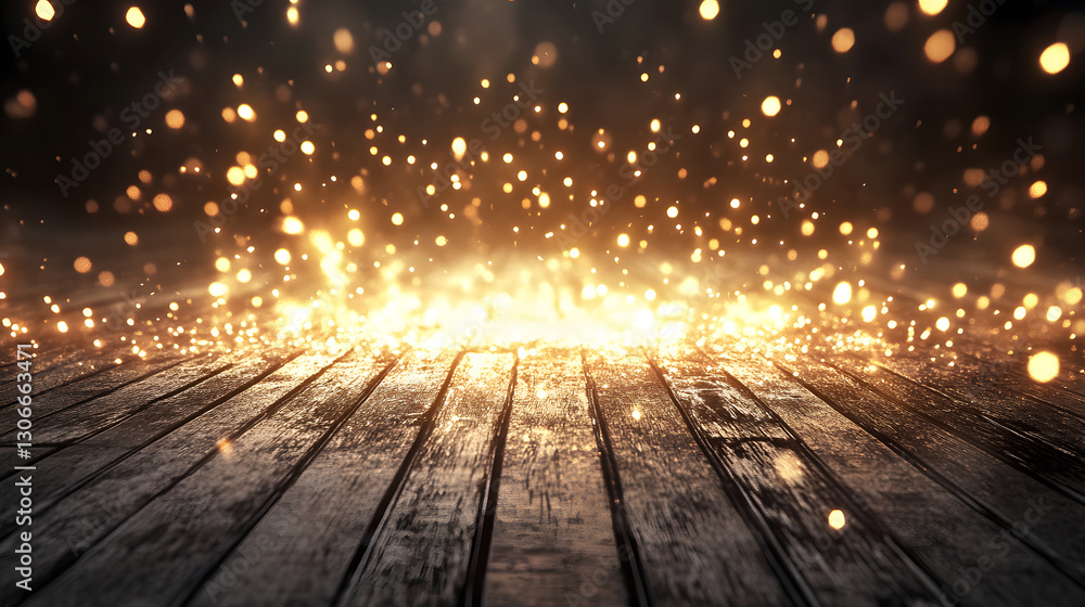 Poster a captivating scene of glowing particles illuminating a wooden surface, creating a magical and encha