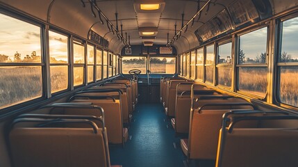 Empty school bus interior, sunset, rural field