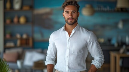 Obraz premium a confident young man wearing a light shirt and khaki pants stands with hands in pockets exuding style and professionalism
