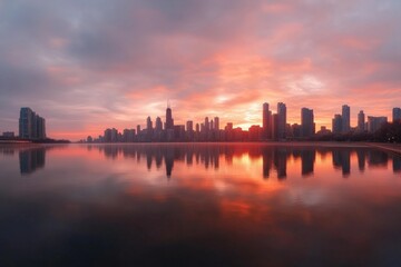 Fototapeta premium This image captures the stunning Chicago skyline beautifully illuminated by a dramatic sunset, reflected in the water, evoking feelings of awe and wonder in the viewer.