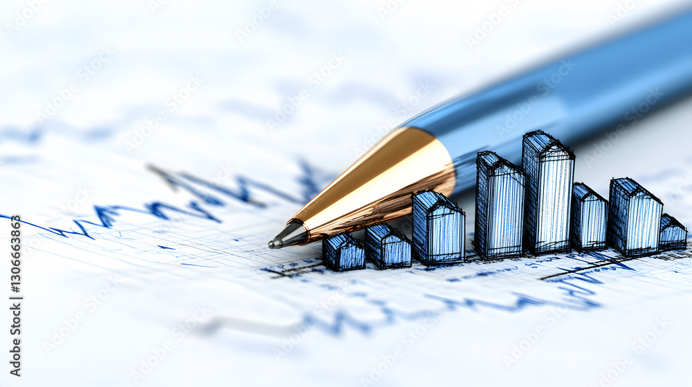 Poster a pen rests on a financial chart, with stylized 3d bar graphs illustrating data trends and analysis