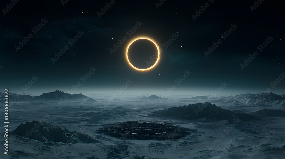 Poster a breathtaking view of a solar eclipse illuminating a desolate landscape beneath a starry sky, creat