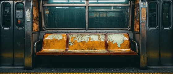 Obraz premium Empty subway car seats, worn, urban transit