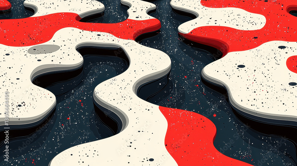 Poster abstract red and white wavy patterns with black speckles create dynamic, seamless design. flowing sh