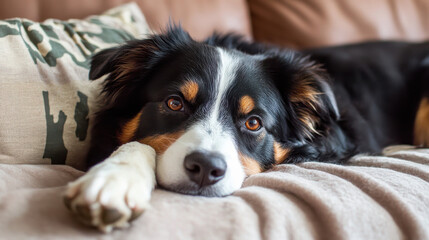 A relaxed dog lying on a couch, showcasing a calm and cozy atmosphere.