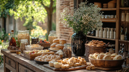 beautifully arranged breakfast table with variety of pastries, breads, and fresh flowers, set in rustic outdoor setting. scene is inviting and perfect for leisurely morning meal