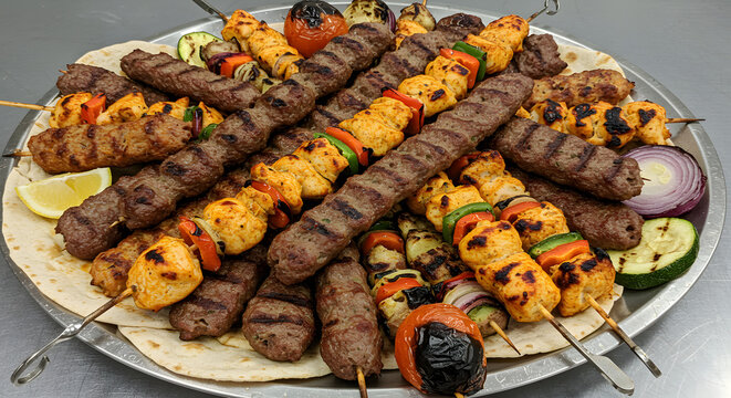 Delicious grilled chicken and beef kebabs platter with vegetables bbq eat on transparent background