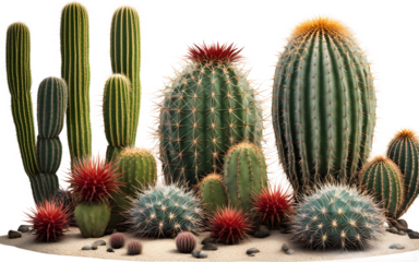 A cactus garden with a variety of spiny species, isolated on a empty plain background