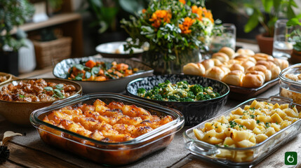 Fototapeta premium beautifully arranged dinner table with variety of delicious dishes, including baked potatoes, pasta, and fresh salads, surrounded by vibrant flowers and greenery
