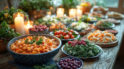 Fototapeta premium beautifully arranged dinner table with variety of colorful dishes, including salads, grains, and fresh vegetables, illuminated by candlelight, creating warm and inviting atmosphere