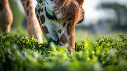 Obraz premium A tall giraffe is eating green leaves in a field