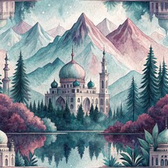 Aerial View of Serene Mosque in Majestic Mountain Landscape - Digital Art