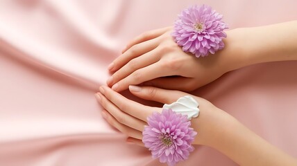 Fototapeta premium Close up beautiful female hands with purpure flowers on pink background cosmetics for hands anti wrinkle top view copy space