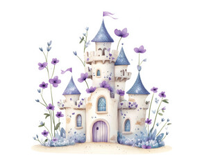 Naklejka premium Lavender castle surrounded by delicate flowers in a whimsical garden setting