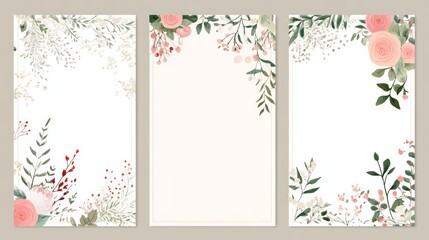 Set of wedding cards with pastel color floral designs and decorative elements, flat vector illustration. Hand drawn floral borders for invitation card design template. 
