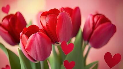 Obraz premium Close-up of a tulip bouquet with red paper hearts