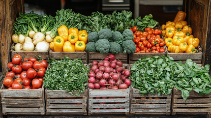 colorful array of fresh vegetables and herbs is displayed in wooden crates, including tomatoes, radishes, broccoli, and bell peppers, creating vibrant market scene
