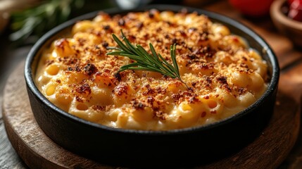 a deliciously presented macaroni and cheese dish with a creamy texture crispy breadcrumb topping and a fresh garnish showcasing a perfect blend of comfort food flavors and visual appeal