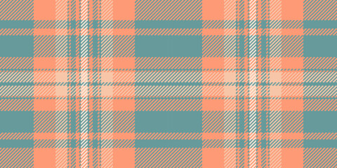 Patterned texture textile seamless, handmade check plaid pattern. Holiday background fabric tartan vector in orange and teal colors.
