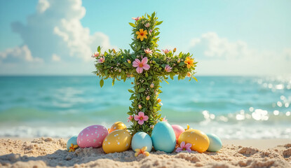 Beautiful Floral Cross and Colorful Easter Eggs on a Sandy Beach – A Unique Easter Image for Seasonal Marketing and Promotions