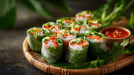 Fresh Vegetable Spring Rolls Arranged on a Bamboo Tray with Dipping Sauce and Greenery in a Natural Setting