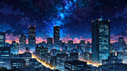 anime style background, urban with night sky