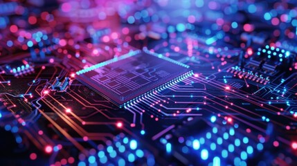Obraz premium Glowing Circuit Board Processor Closeup.