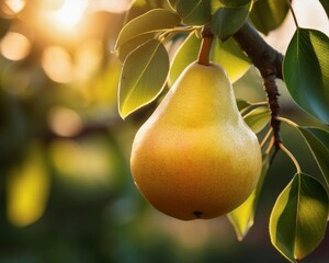 A fresh green pear clings to a tree branch, covered in dewdrops, glowing in the soft morning light.