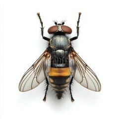 Detailed view of a common fly showcasing its anatomy and features in a close-up perspective