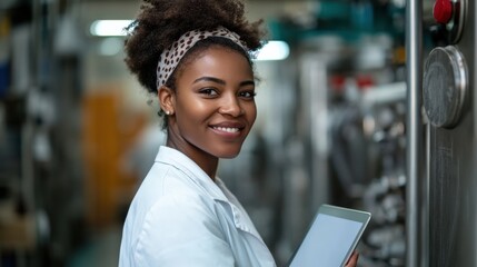 Smiling Young African American Woman in Lab Coat Holding Tablet in Industrial Food Processing Facility, Engaged with Modern Technology for Quality Control