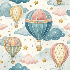 Seamless Hot Air Balloon Adventure Sky Illustration Whimsical Aerial Dreamy