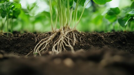 Fototapeta premium Close-up of plant roots absorbing nutrients from