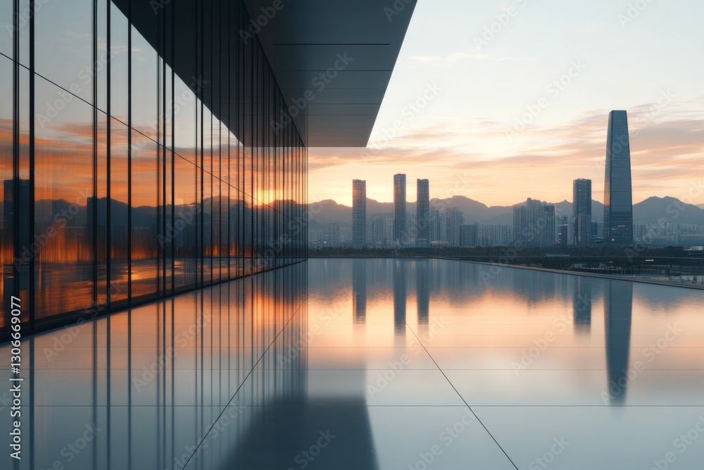 Poster a minimalist view showcasing the sleek architecture of a city reflecting the beautiful colors of a s
