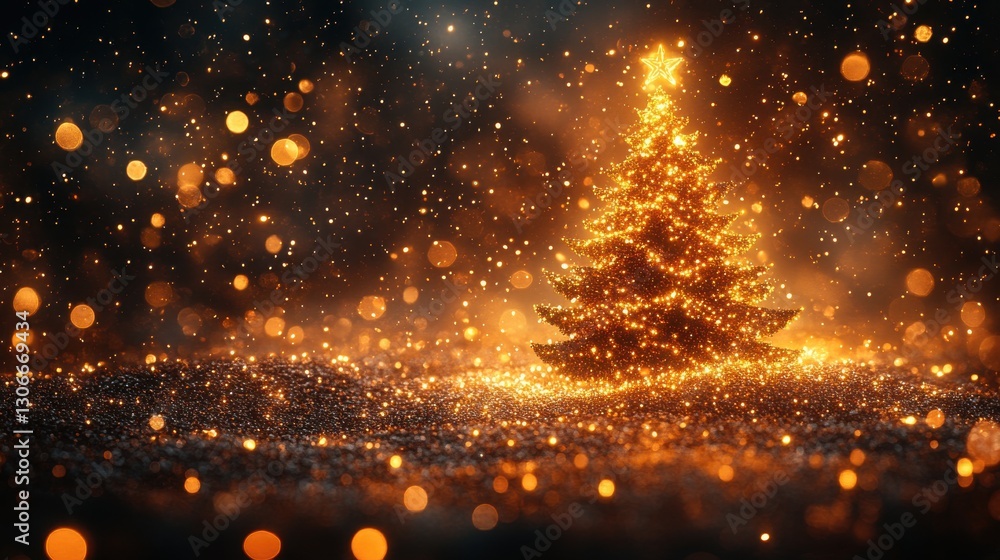 Poster a golden christmas tree glows brightly against a magical bokeh background creating a festive and enc