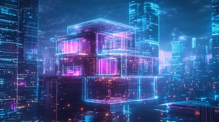 Fototapeta premium Futuristic city hologram building night cityscape